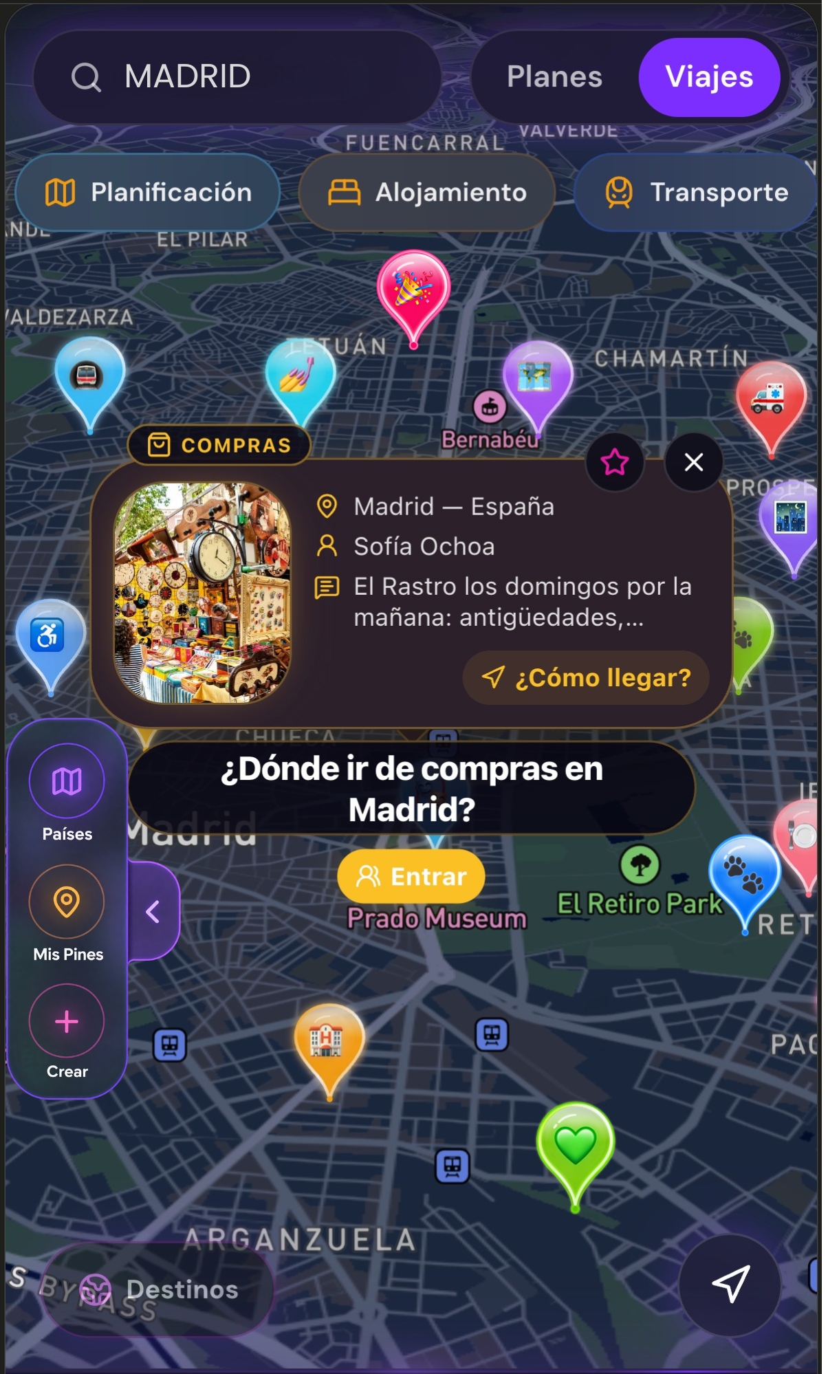 Captura de Viajes con recomendaciones y lugares destacados de la ciudad o del próximo destino.