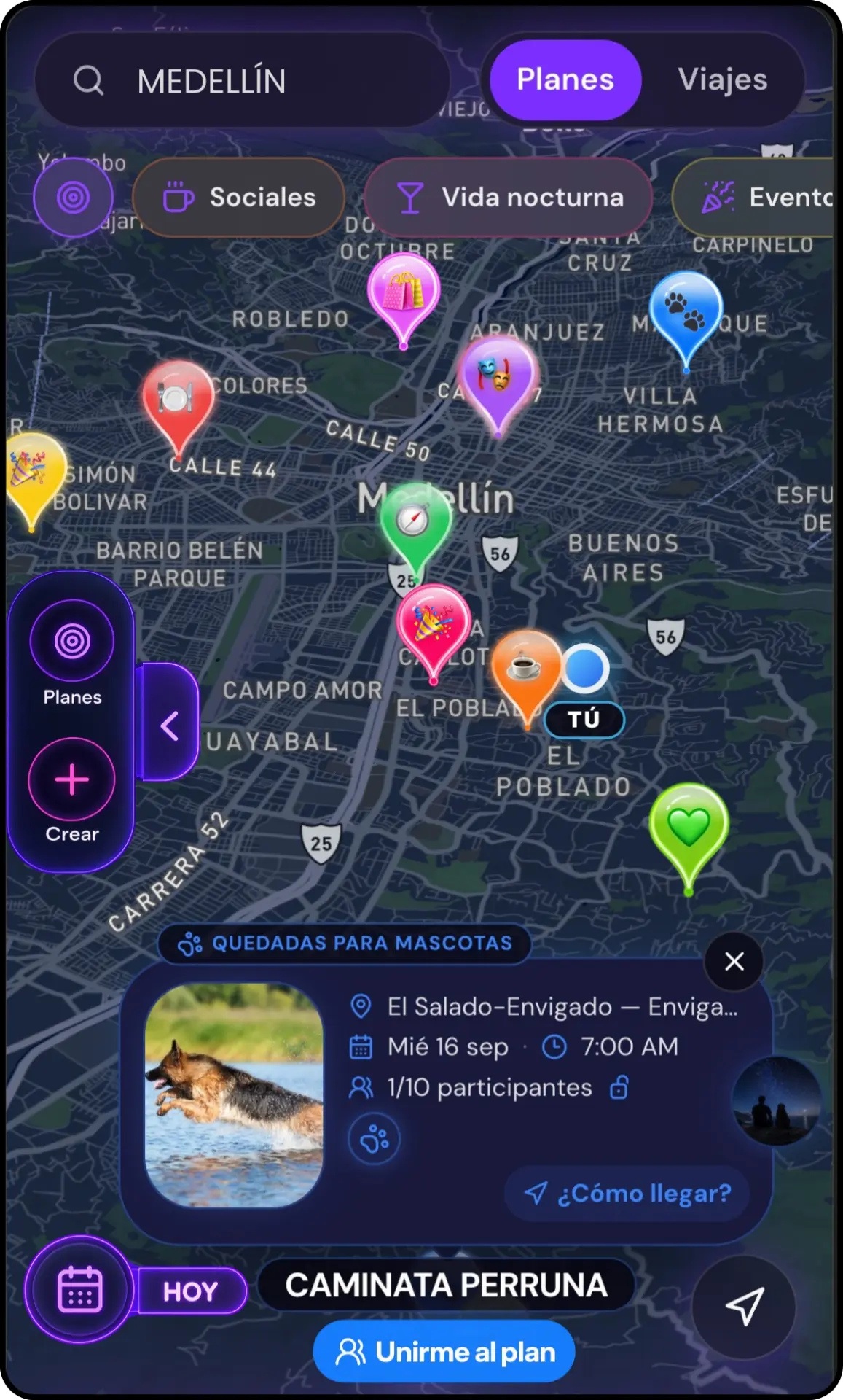 Captura del mapa de Atlas con pines de planes y actividades publicadas en la ciudad.